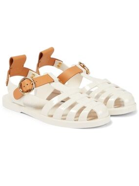 See By Chloe White Jelly Sandals with Tan Straps and Gold Buckle